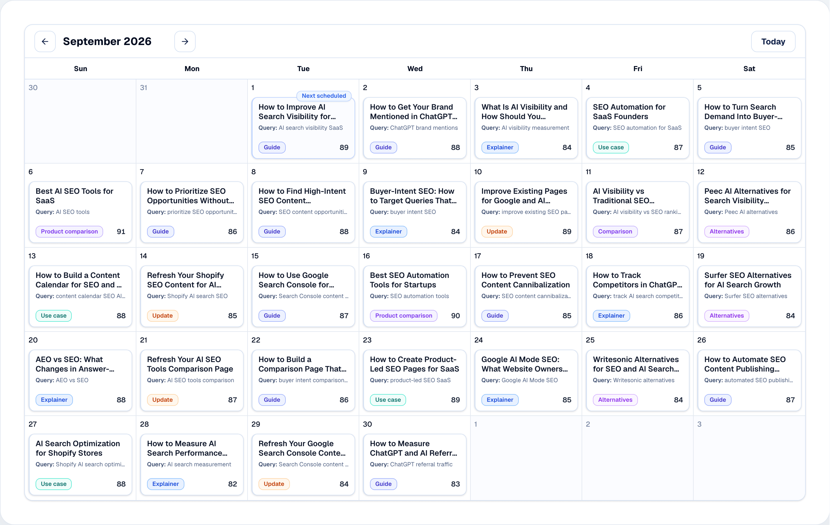 Rankvia Content Calendar showing a scheduled month of mixed search and AI search opportunities.
