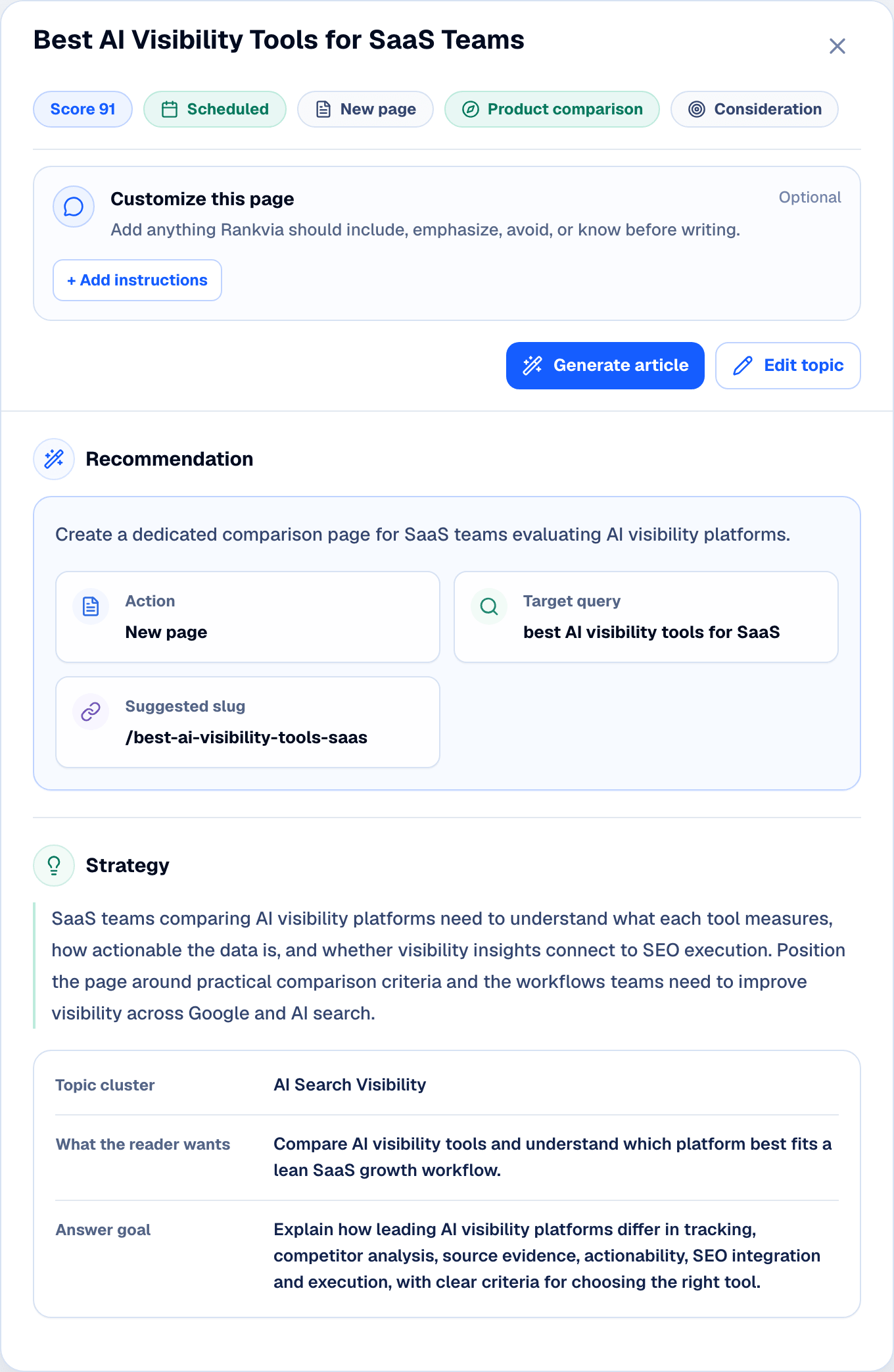 Rankvia Page Plan showing a scheduled AI visibility opportunity, recommendation, strategy, and article generation control.